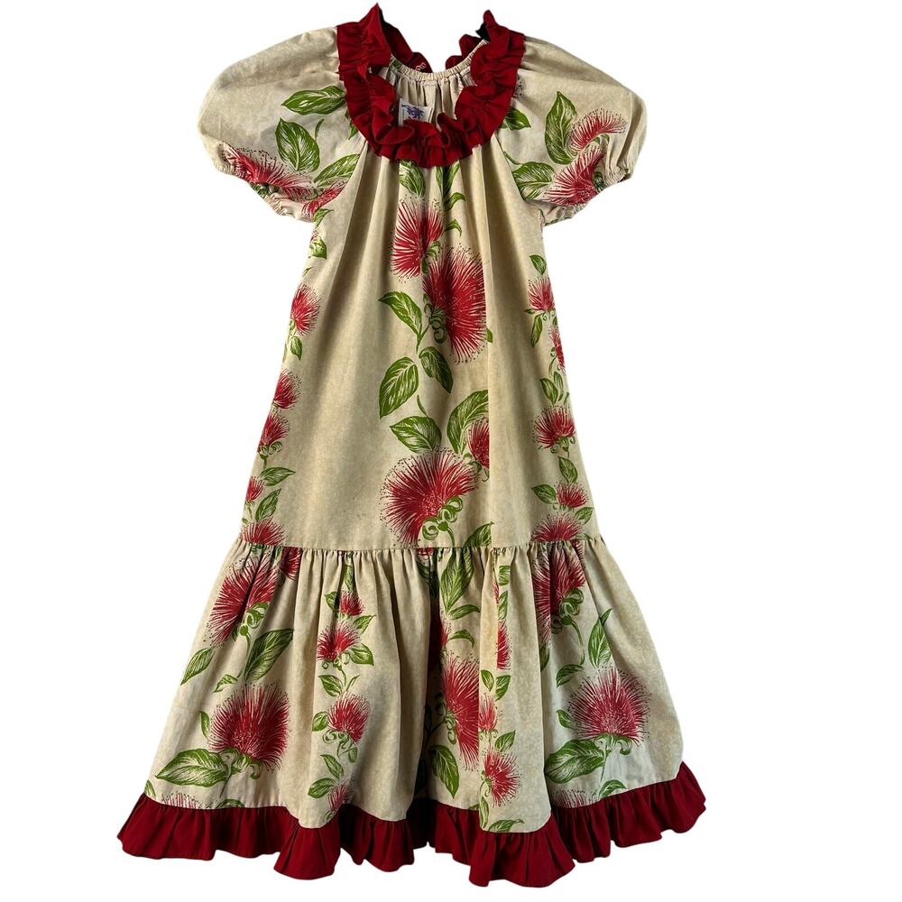 VTG Kole Kole Hawaii Girls Dress Size 6 Cream Red Ohia Lehua Floral Ruffle